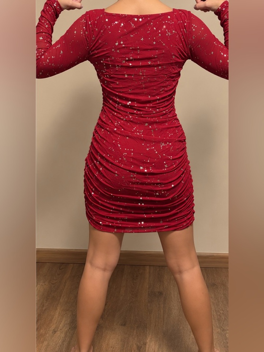 Sparkle-Accent Ruched Long-Sleeve Mini Dress in Red - Picture 3 of 4